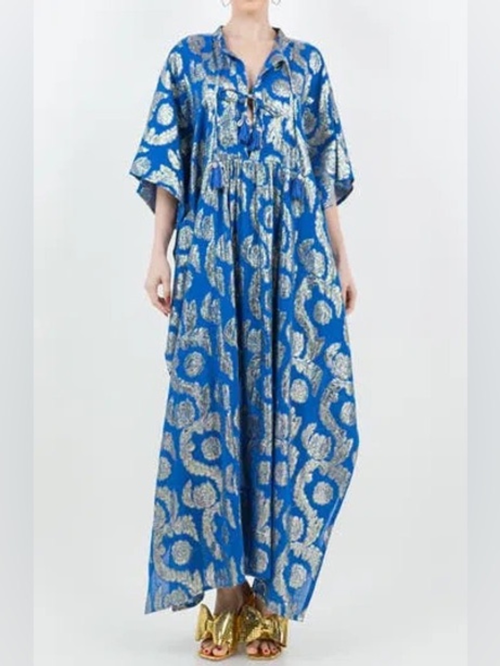 Meghan LA Palm Springs Caftan Maxi Dress Ocean Blue Gold Metallic L/XL